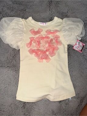 JustFab Cream Tee with Pink Ribbon Heart and Tulle Puff Sleeves